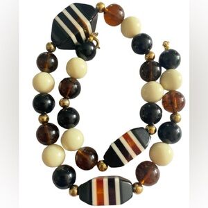 Vintage Tortoise Lucite Beaded Necklace Choker 17” White Cream Amber Red Black
